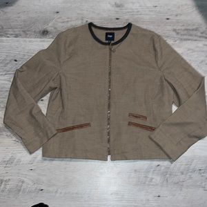GAP Women's Beige Jacket Long Sleeve Lined Faux Leather Trim Zip Up